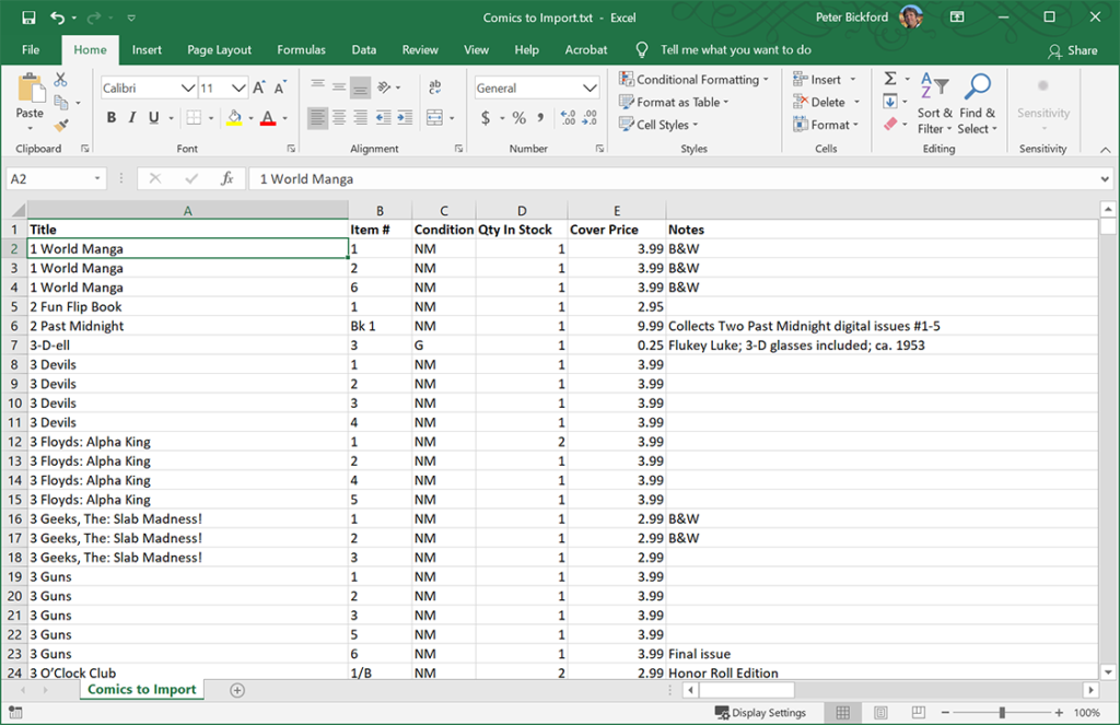 Excel List of Comics